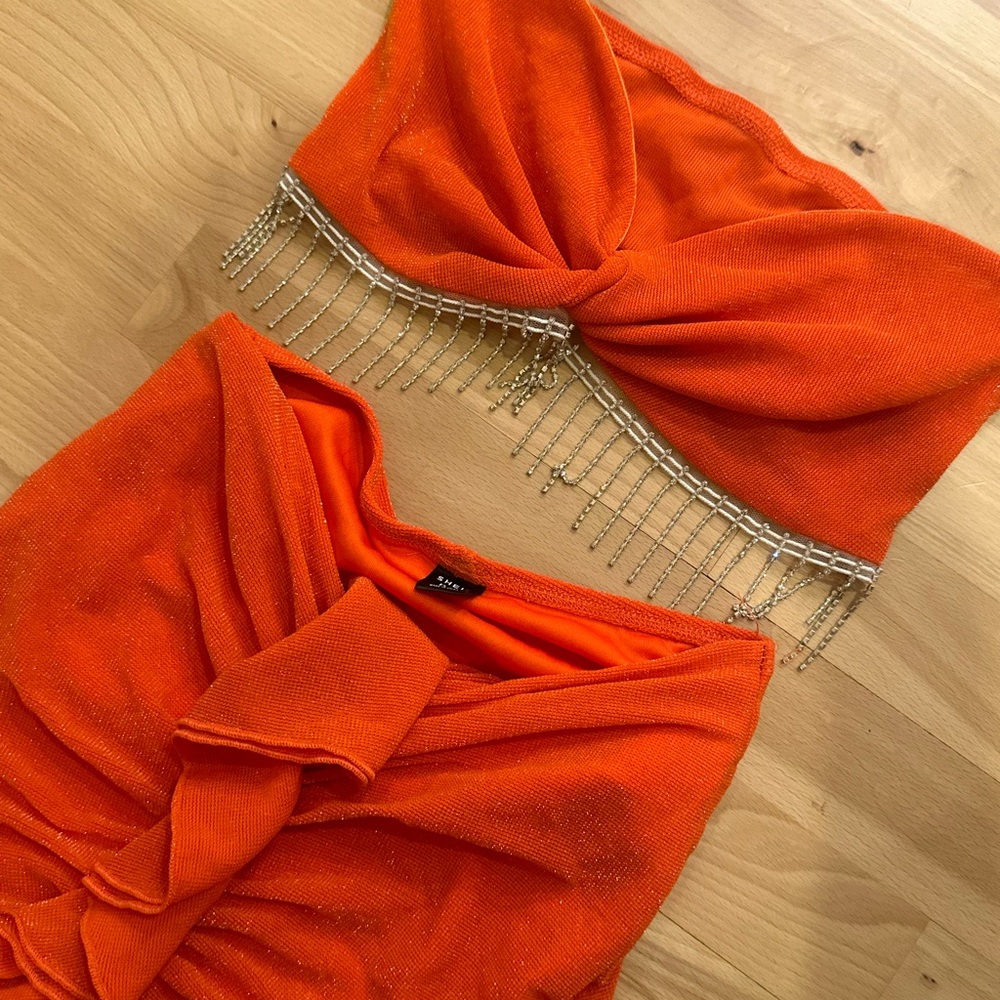 Orange shiny bandeau Top and Skirt Set